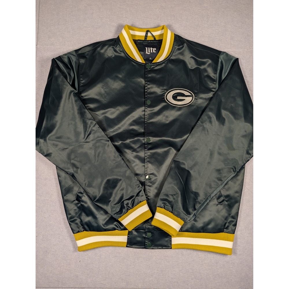 Miller Lite Bomber Jacket Men Large Green Packers Go Pack Go Satin Excellent